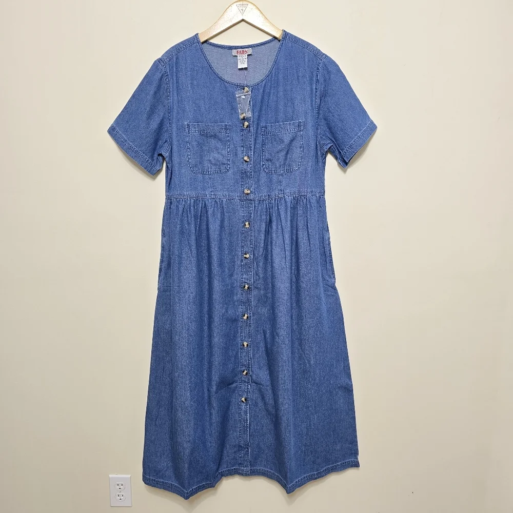 NWOT Vtg 90's Denim Maxi Dress Sz L Button Up Cotton Pockets Cottagecore Western - Picture 2 of 12